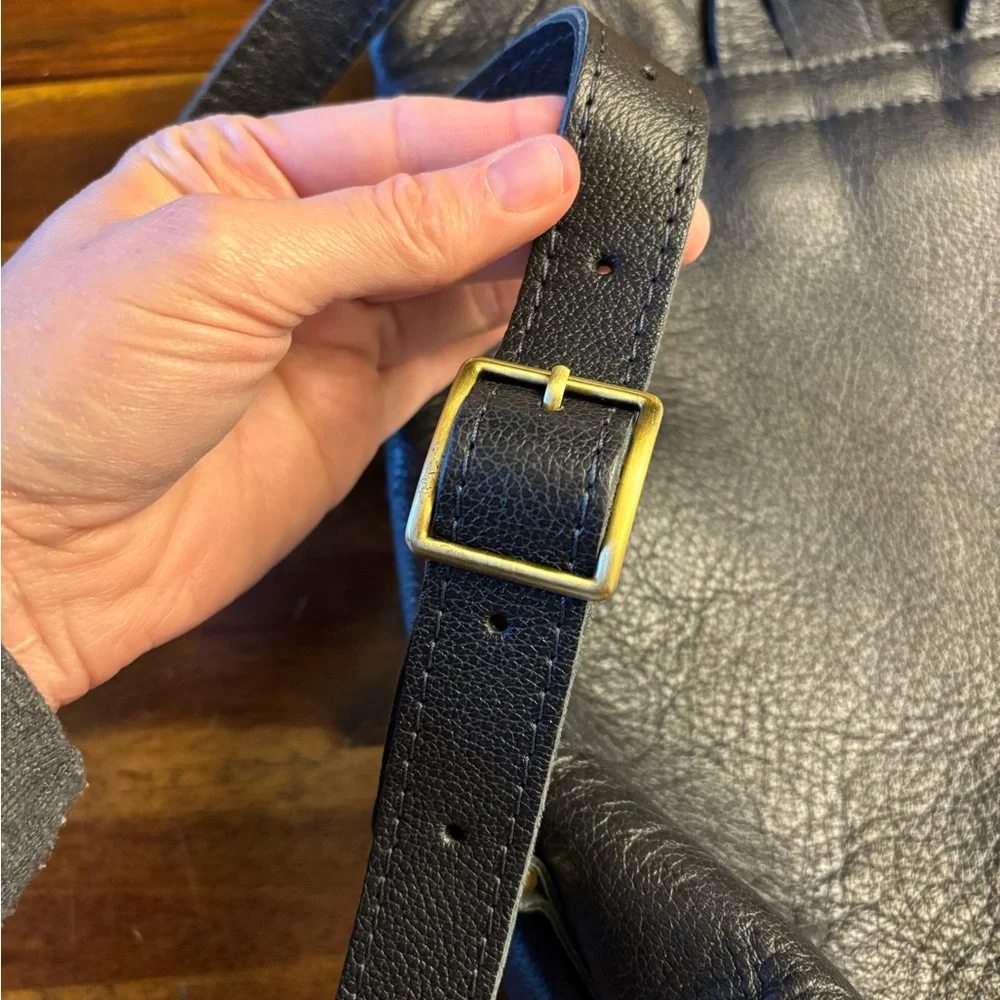 Portland Leather Navy Blue Pebbled Leather Backpack with Gold Hardware